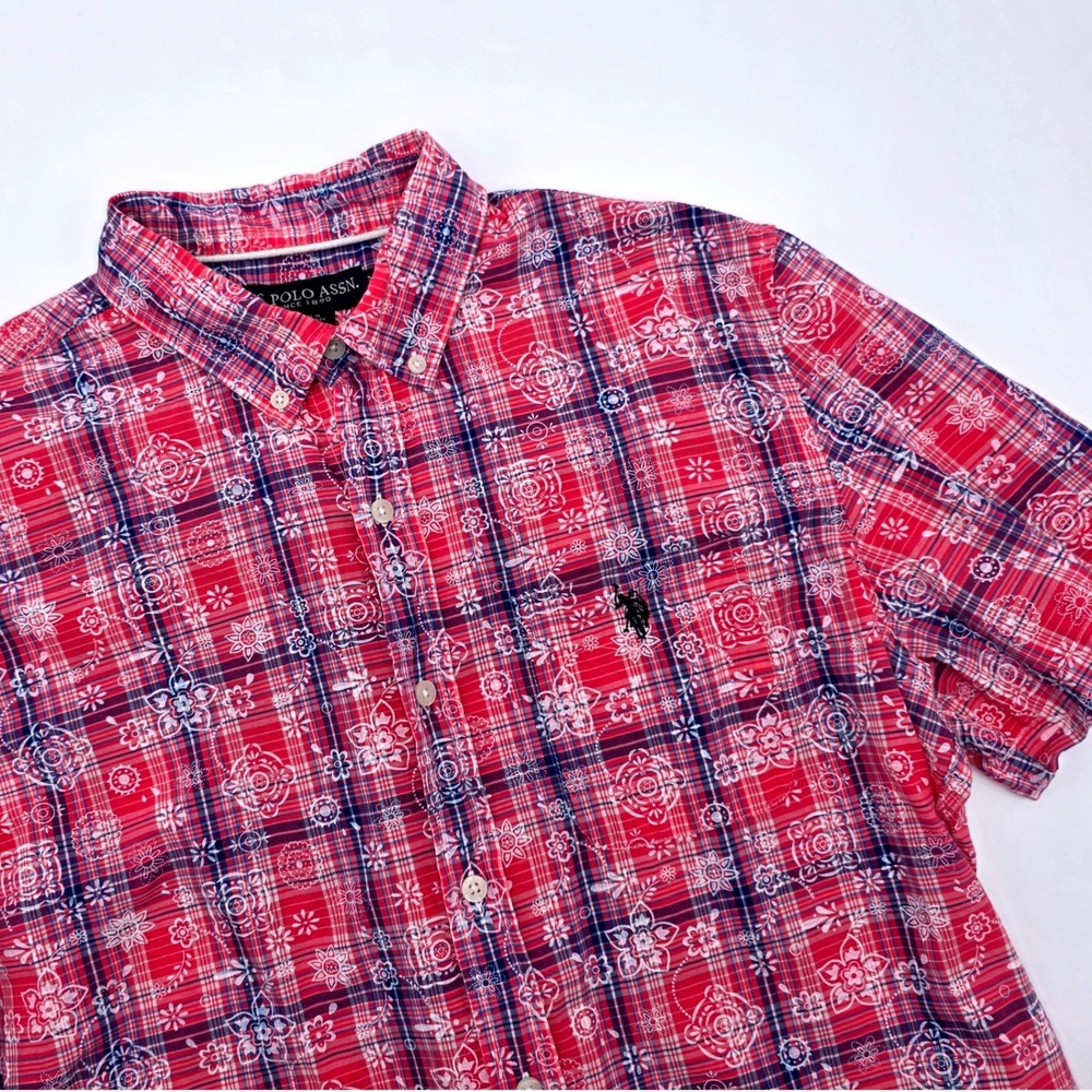 US Polo Assn Mens Red Blue Plaid Bandana Print‎ Short Sleeve Shirt Medium